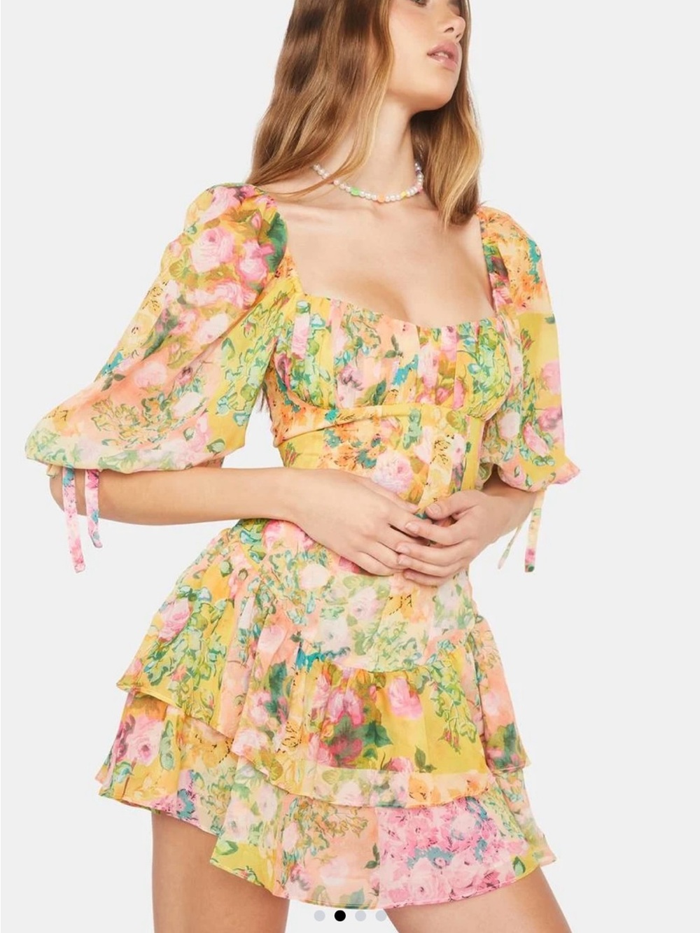 For Love & Lemons Nina Floral Tiered Dress in Yellow & Pink - Picture 6 of 7